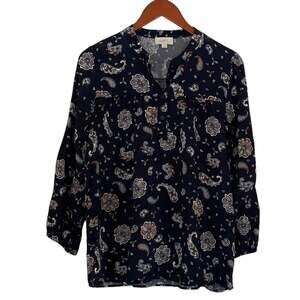 LOFT Navy Paisley Floral V-Neck Peasant Blouse, Boho, Office, Autumnal, M